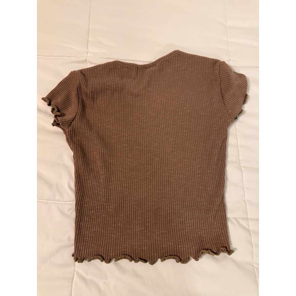 Liz & Sara Brown Ribbed Lettuce Edge Baby Tee Short Sleeve Crew Neck Top Medium - Picture 5 of 5